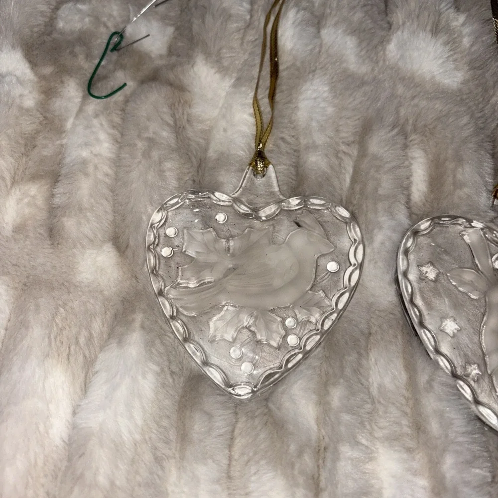 2 Mikasa Crystal Glass Heart Shaped Ornaments Cardinal Angel Cherub Gold Hangers